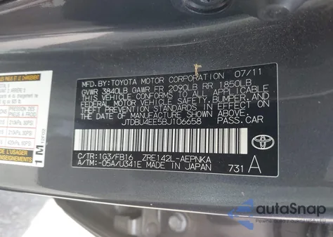 2011 Toyota Corolla Le из США, поврежденный, VIN JTDBU4EE5BJ106658
